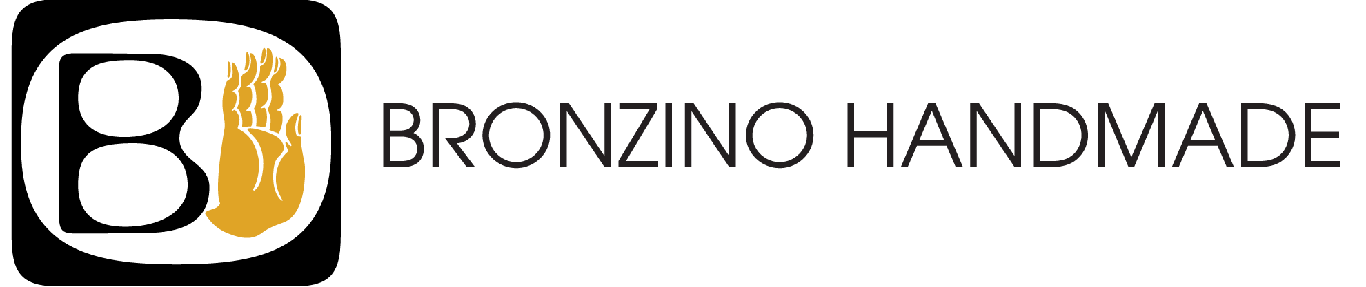 BRONZINO Handmade Logo is a plum coloured B with a gold coloured hand inside a plum coloured frame